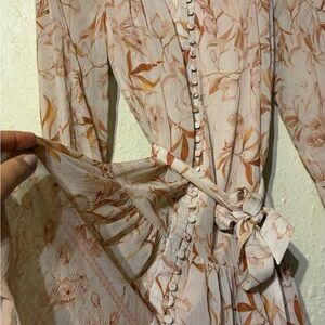 Women's Long Sleeve Floral Tie-Waist Dress in Blush Pink